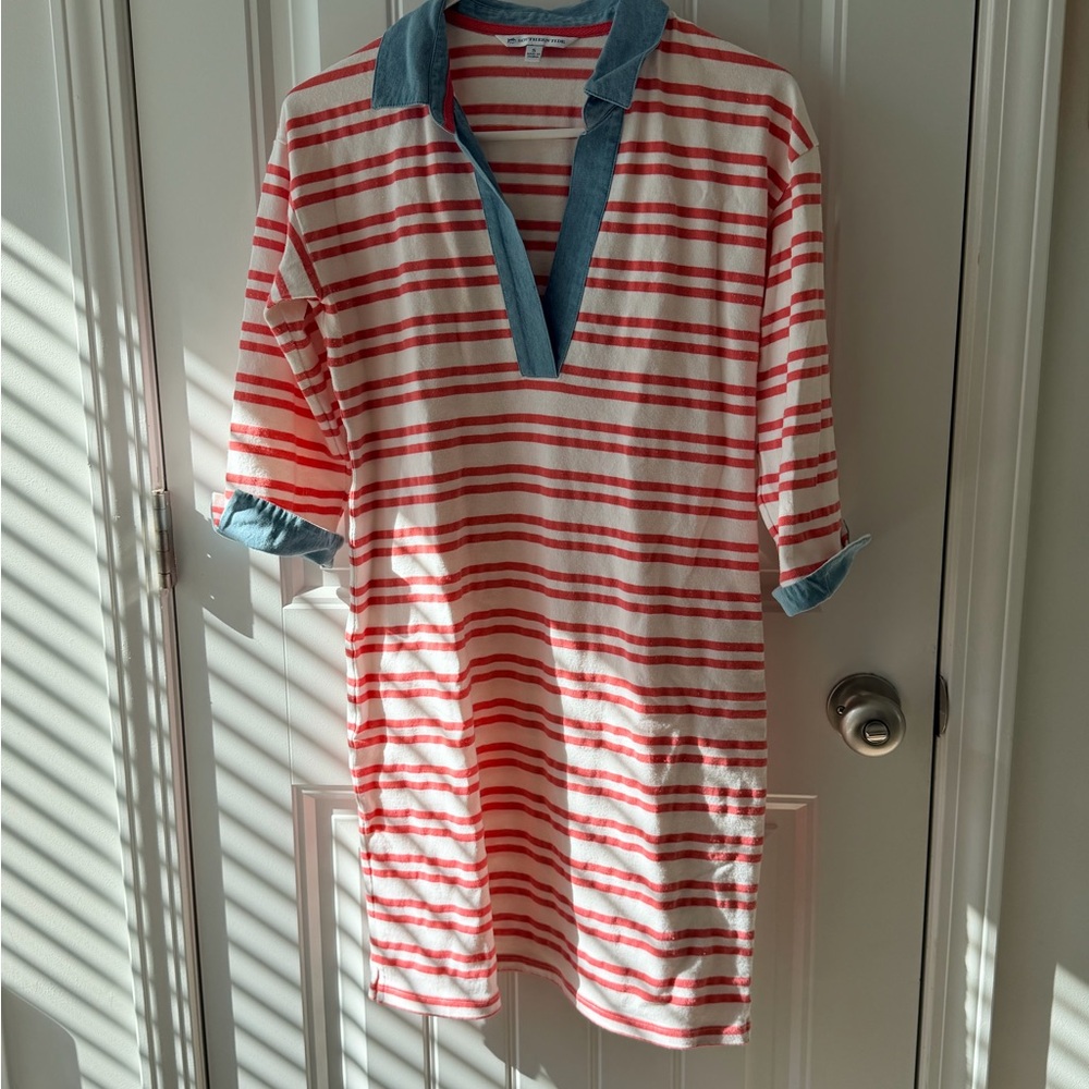Southern Tide Coral and White Striped Shirt with Blue Accents